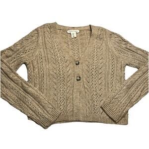 Happily Grey Women’s Cardigan Knit Sweater Lg Tan Cropped